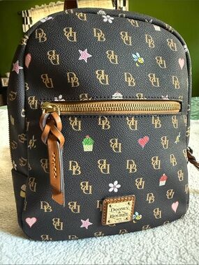 Dooney & Bourke Brown Logo Mini Backpack with Pink, Red & Green Accents